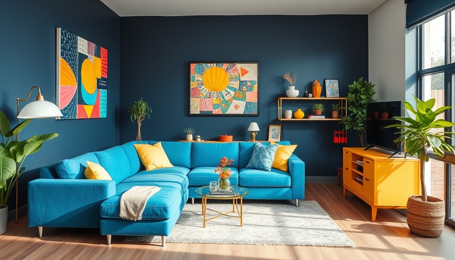 Vibrant living room featuring blue sofa and colorful decor from Sabai Eclipse sleeper collection.