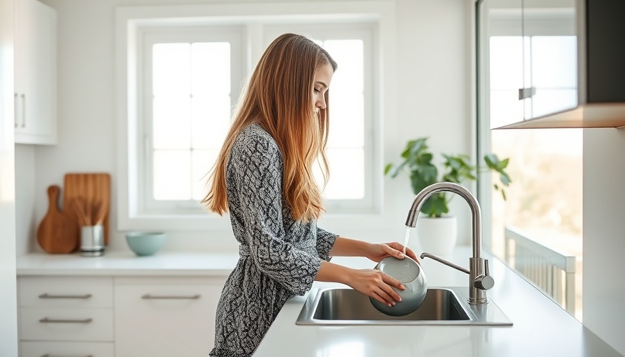 Young woman washing dishes in a well-lit modern kitchen.
