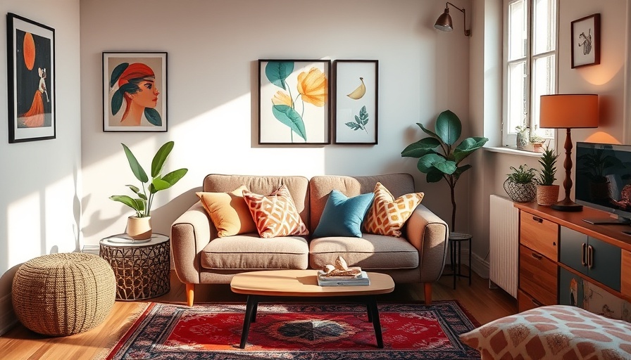 Stylish loveseat in a vibrant small space living room.