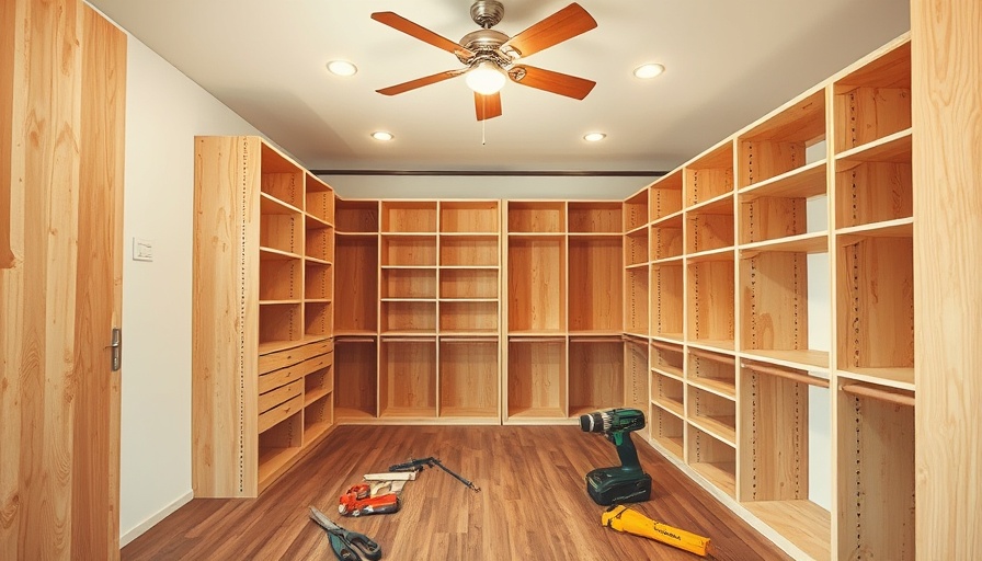 Walk-in closet DIY project mid-renovation with wooden shelves and tools.