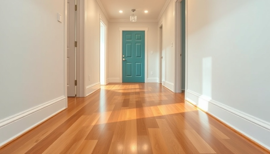 Renovated hallway with freshly sanded hardwood floors and teal door.