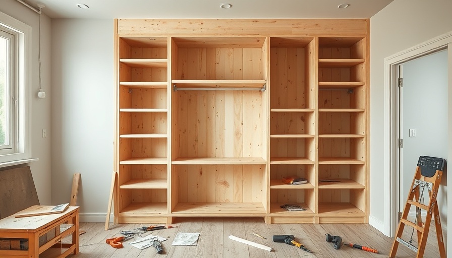 Unfinished closet shelves in a room under renovation for DIY Closet Renovation Tips.