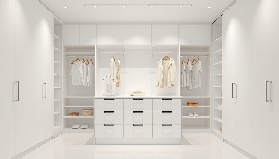 Minimalistic closet island with drawers and hanging rods design.