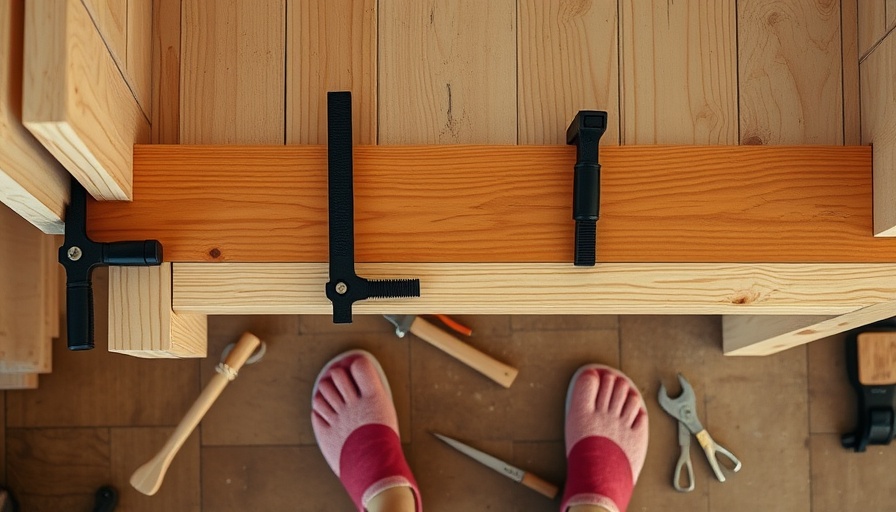 Close-up of wood planks clamped, DIY walk-in closet build.