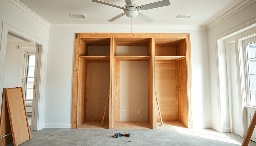 Wooden frames show closet renovation progress in partially renovated room.