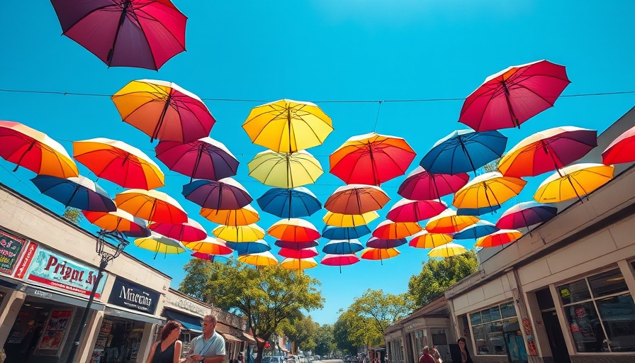 Ocean Springs getaway vibrant street with colorful umbrellas.