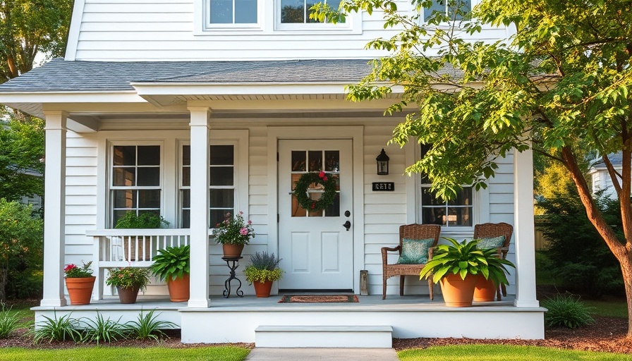 Charming white house with porch, downsizing experience insights.