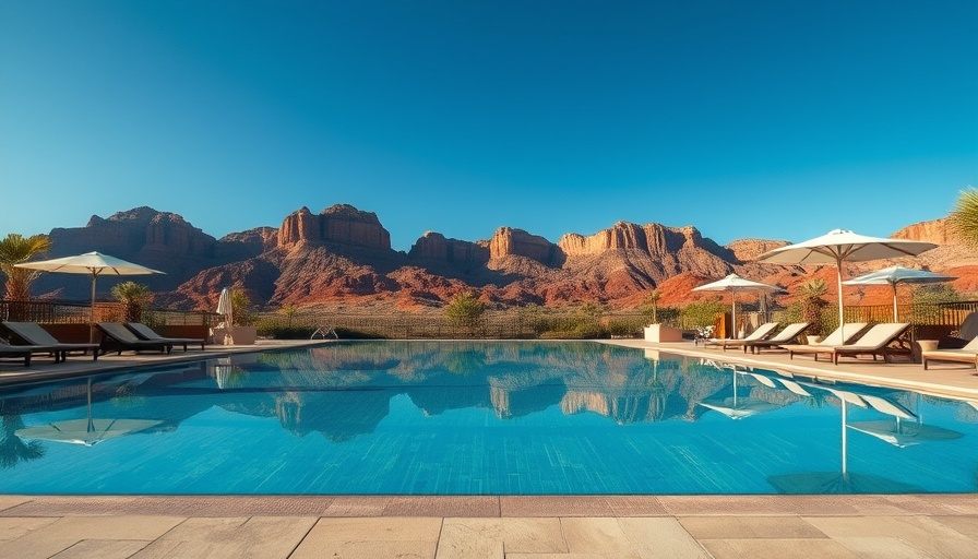 Luxurious resort pool in Sedona with stunning red rocks.