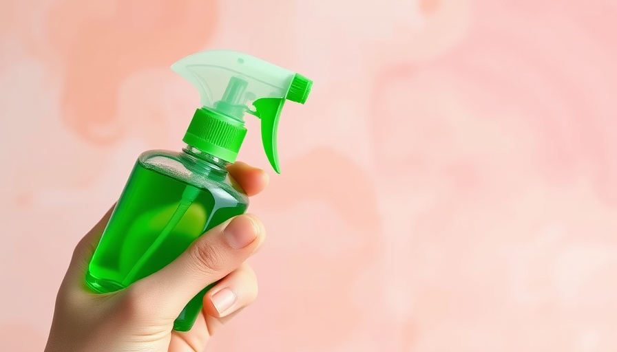 Clear spray bottle in hand with pastel backdrop for homemade window cleaner