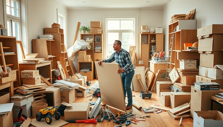 Happy person managing renovation stress while assembling furniture.