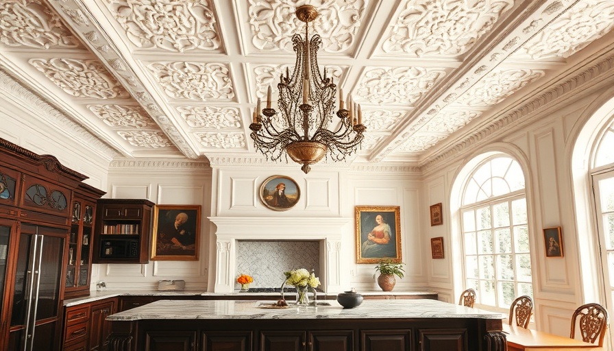 Chic kitchen design with decor to cover popcorn ceiling without removal.
