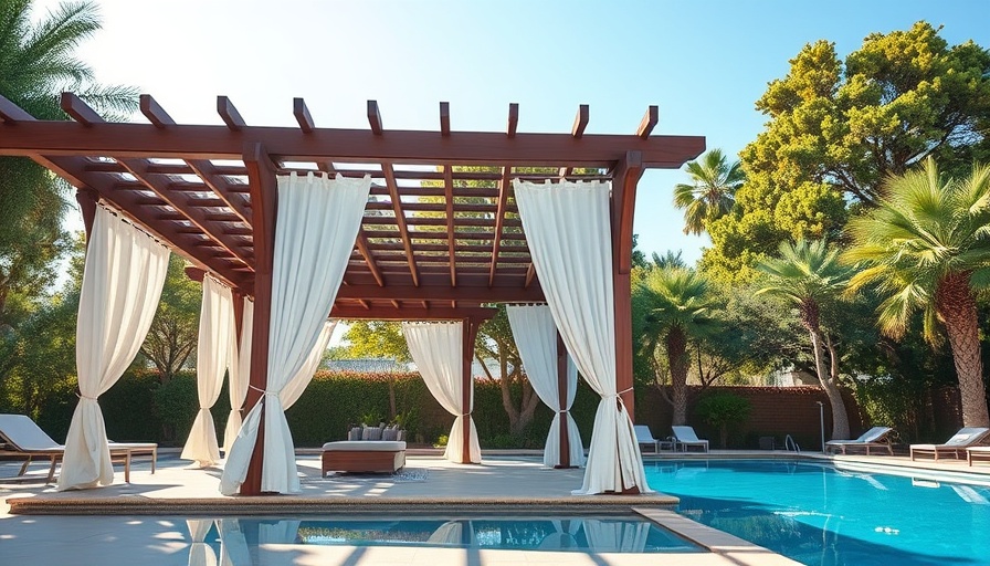DIY pool cabana pergola with white curtains by the pool.