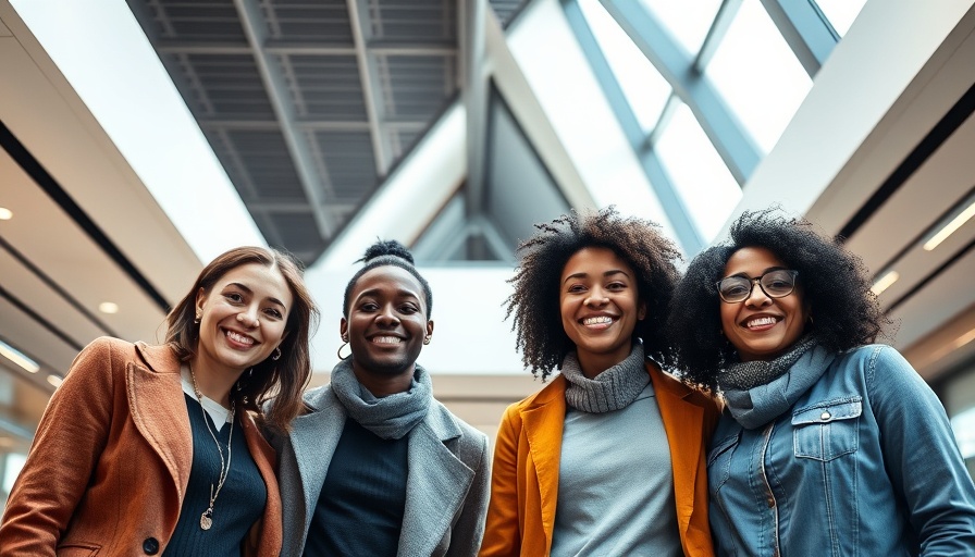 Group of diverse people smiling under skylight, inspiring future talent home improvement.