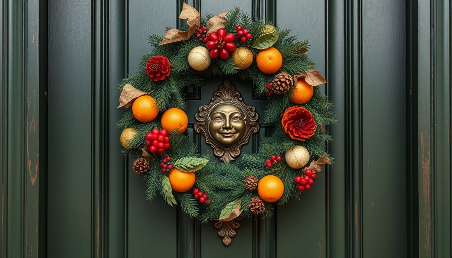 Elegant Christmas wreath on dark green door for Christmas opening hours 2024.