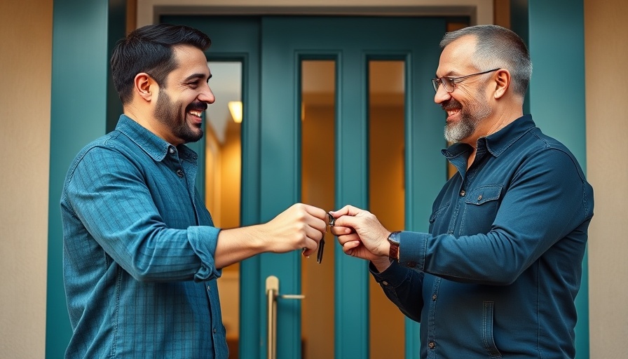 Men exchanging keys in front of new teal door for giveaway event.