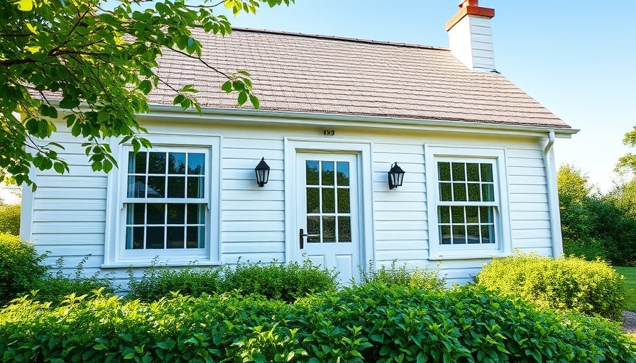 White cottage with updated replacement windows, lush garden
