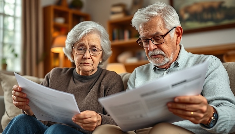 Elderly couple facing financial challenges of aging in place, reviewing documents.