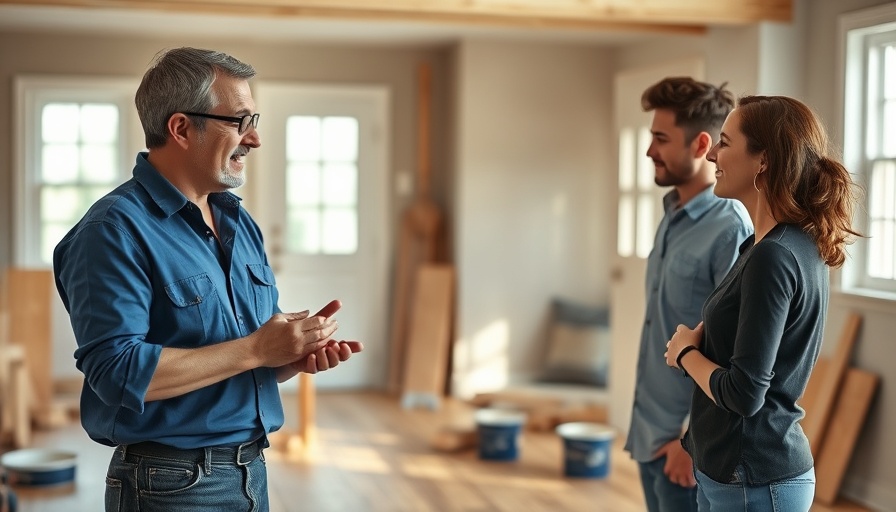 Contractor advising couple on staining project, wood floor renovation discussion.