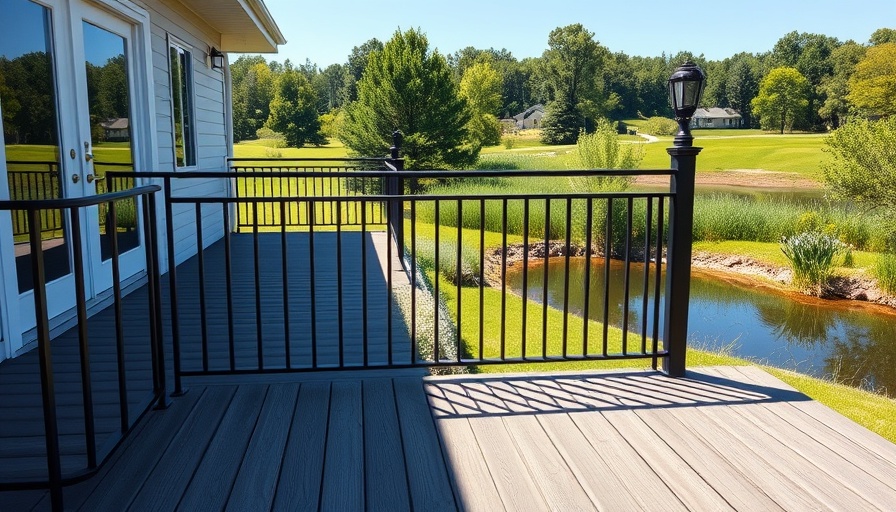Modern deck railing with pond view, illustrating types of deck railing.