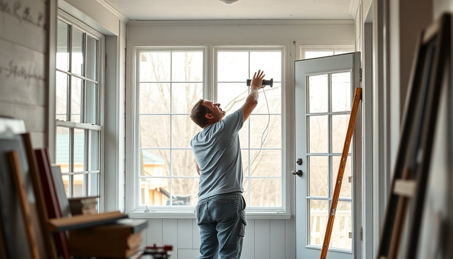 Craftsman working on winter window replacement in bright porch.