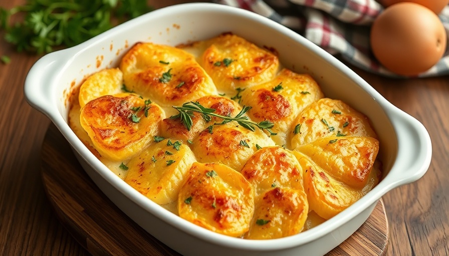Five Star Scalloped Potatoes perfectly baked in a ceramic dish.