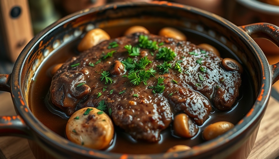 Delicious Round Steak and Mushrooms Recipe in a pot, rich broth.