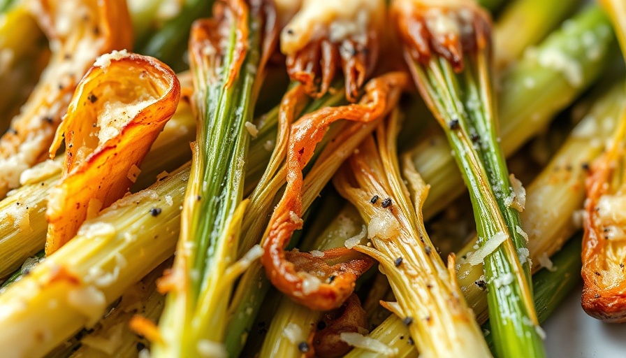 Parmesan roasted leeks recipe close-up with melted cheese.