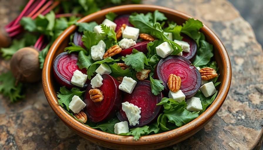 Vibrant beet salad recipe with goat cheese and nuts in a rustic bowl.