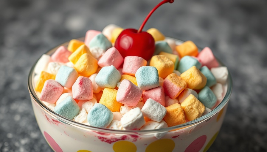 Easy ambrosia salad topped with marshmallows and cherry in a bowl.