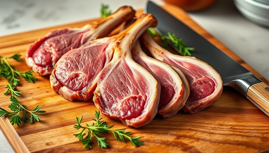 Succulent spring lamb chops on a wooden board next to a cleaver.