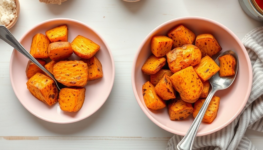 Golden roasted sweet potatoes in a pink bowl, vibrant and crispy.