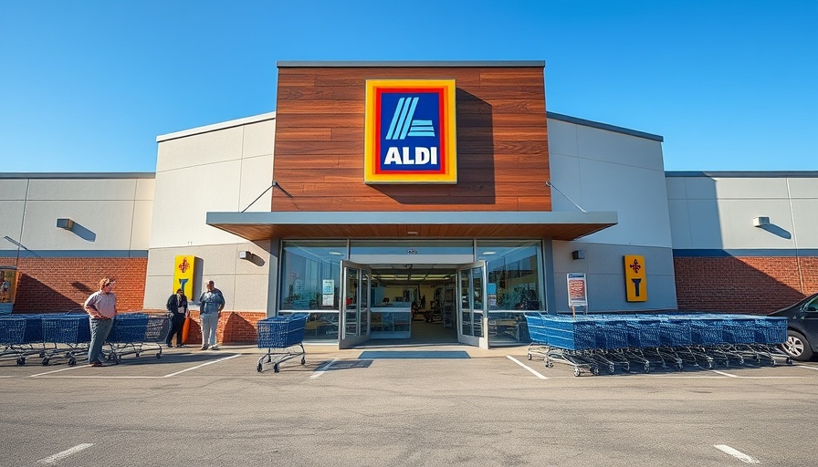 ALDI supermarket entrance with carts and signage under clear sky.