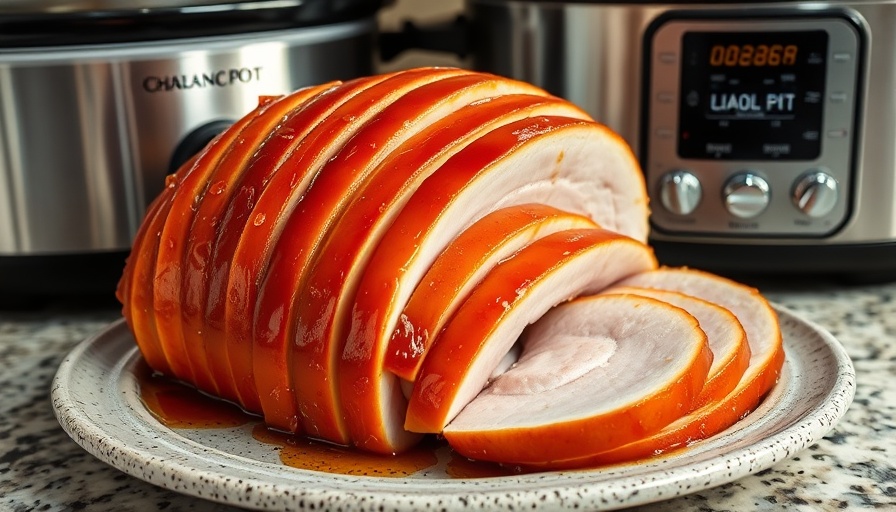 Delicious crock pot ham, honey-glazed and sliced, ready to serve.