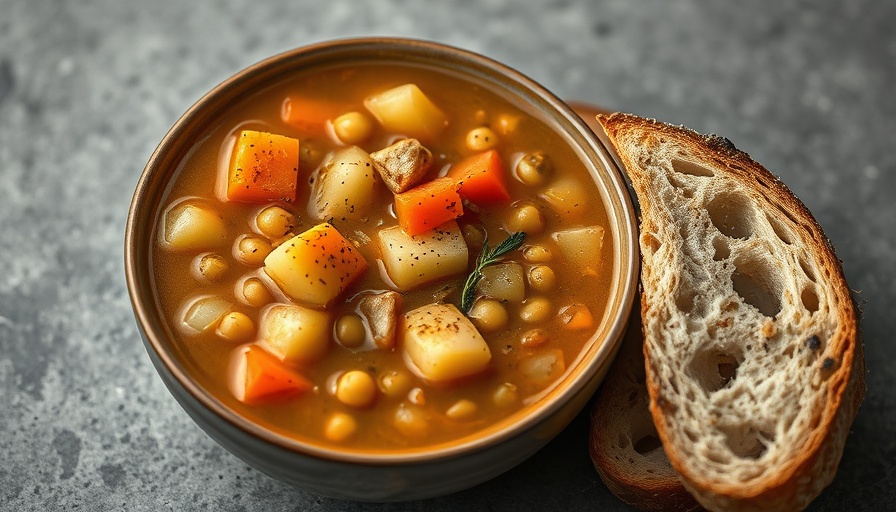 Delicious split pea soup recipe with bread on side.