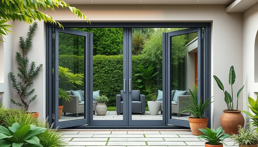 Modern bi-fold doors overlooking garden with stone patio and plants