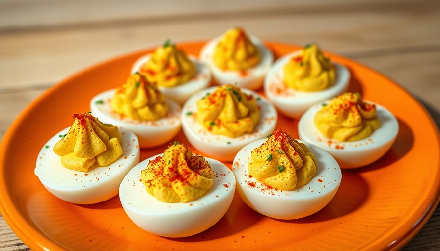 Oprah's Deviled Eggs Recipe on an orange platter, garnished with paprika and herbs.