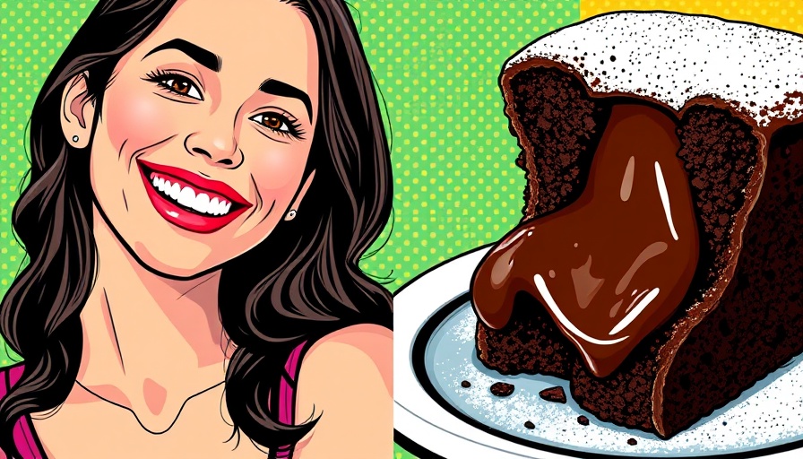 Vibrant pop art collage featuring woman and chocolate cake
