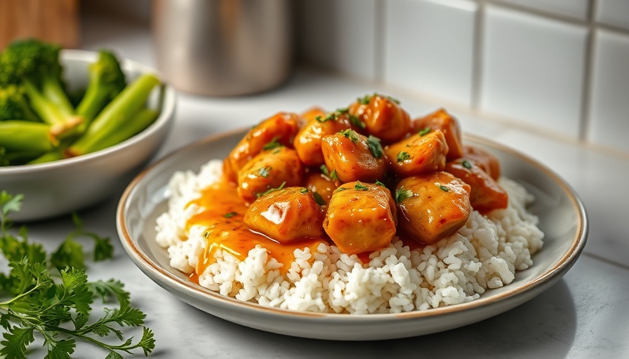 Honey butter chicken recipe served on rice with broccoli.