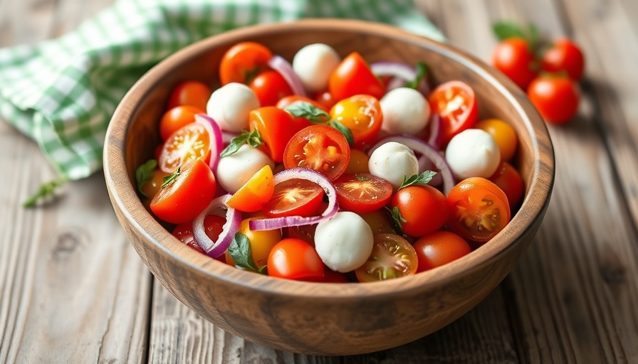 Fresh tomato salad recipe featuring vibrant cherry tomatoes, onions, and mozzarella.