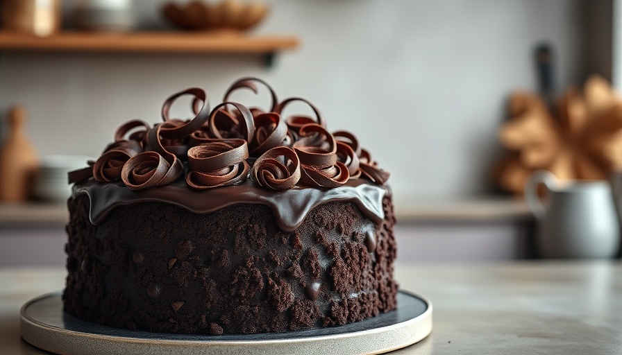 Decadent chocolate cake with curls showcasing baking elegance.