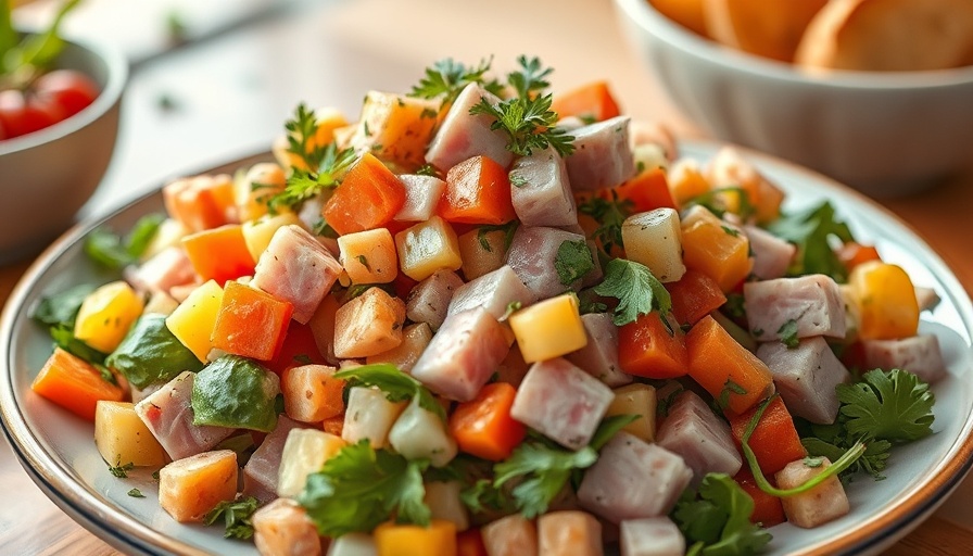 Colorful salad with ham, potatoes, and eggs for Easter.