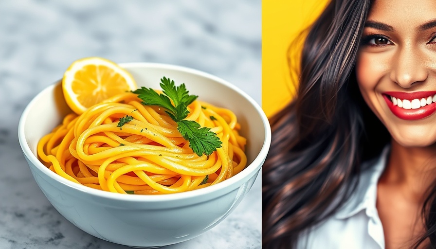 Nigella Lawson Lemon Linguine with fresh herbs and smiling woman.