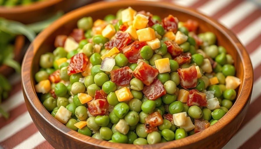 Delicious bacon pea salad with cheddar and onion