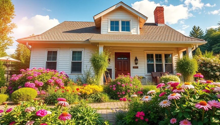 Home maintenance for warmer weather with vibrant garden.