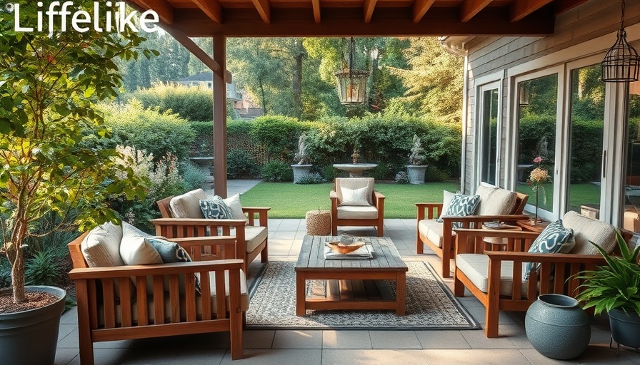 Serene backyard patio with wooden furniture for enhanced outdoor living.