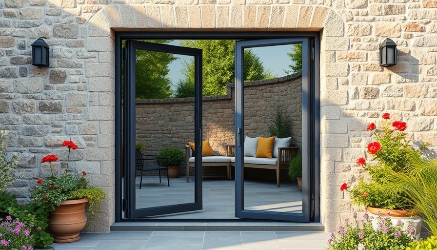 Modern bi-fold doors on a stone patio with lush garden.