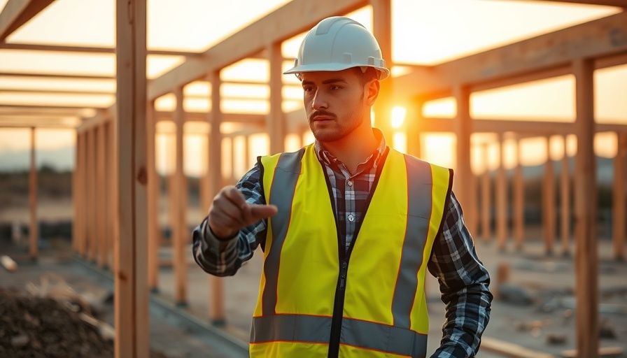 Home improvements scene with worker examining wooden framework.