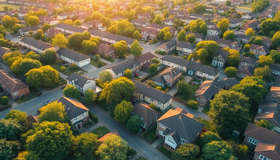 Aerial view of suburban houses and greenery in late afternoon sunlight.