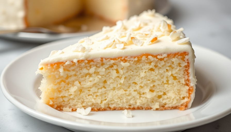 Luscious coconut cake slice, creamy layers, soft lighting.
