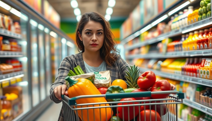 Food recalls alert in grocery store with shopper and full cart.
